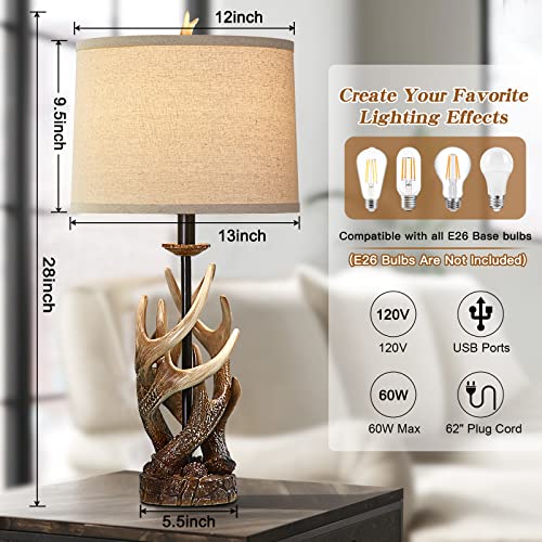 Huitico Rustic Table Lamp For Bedroom, Farmhouse Bedside Nightstand Lamps With Usb Ports 28" Tall Deer Antler Decor Table Lamp For Living Room Cabin End Table, Single, Bulb Not Included #TOP5