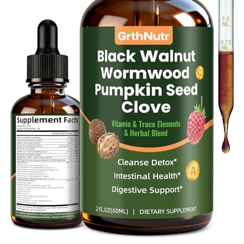 GrthNutr Black Walnut Wormwood Clove Tinture Cleanse for Humans - Gut Detox & Intestinal Health Digestive Support with Pumpkin, Oregano, Garlic Bulb, PAU D’Arco - Non-GMO, High Absorption, 2 Fl OZ