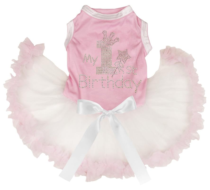 Petitebella Pink Rhinestones My 1st Birthday Puppy Dog Dress (Pink/Beige, Medium)