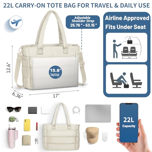 Puffer Tote Bag for Women 17in Quilted Laptop Bag Large Travel Weekender Bag with Travel Sleeve Lightweight Shoulder Bag for Work, Offwhite — view 2