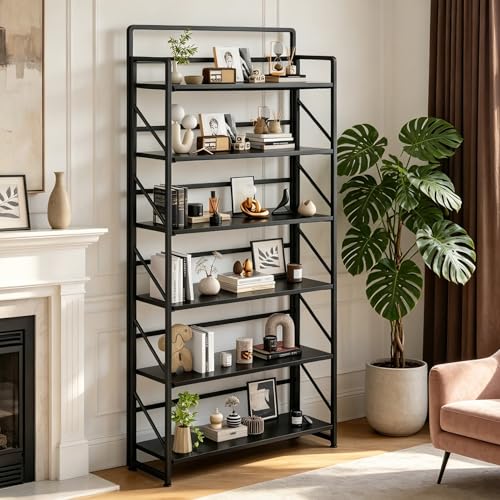 Image of JSB 6 Tier No Assembly Folding Bookshelf, 30.3 inch Wide Foldable Storage Bookcase for Home Office, Space-Saving Storage Shelf for Living Room (Black)