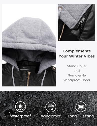 wantdo Women's PU Leather Hooded Jacket