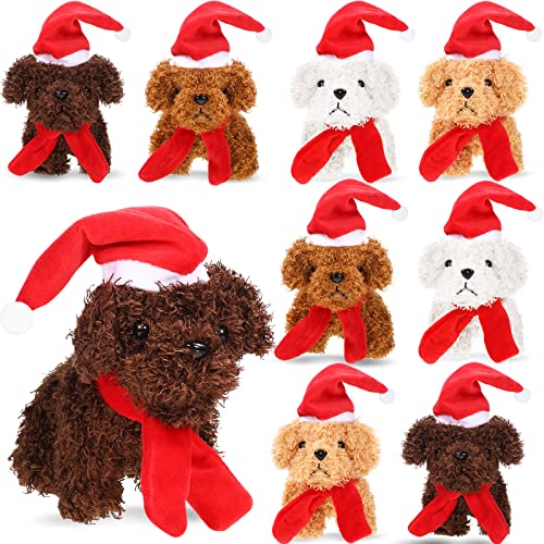 8 Pcs Christmas Stuffed Dog 5.5 Inch Christmas Plush Puppy Mini Stuffed Puppy With Santa Hat Small Plush Dog With Red Scarf Xmas Stuffed Plush Animal For Christmas Party Favor Gift #TOP18