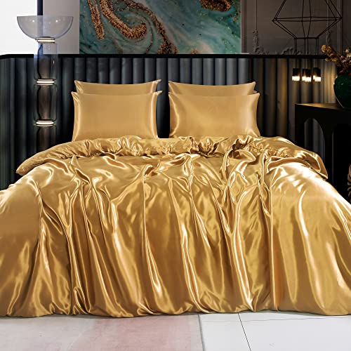 ROOEE Juego completo de ropa de cama de seda satinada, 6 piezas, sábana bajera, funda nórdica, 4 fundas de almohada. Color: dorado mate, tamaño King