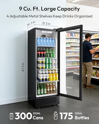 Image of EUHOMY 9 Cu.Ft Commercial Beverage Refrigerator with Glass Door, Display Refrigerator LED Light & Adjustable Shelves, Commercial Refrigerator with Lock, Display Fridge for Bar, Office, Restaurant