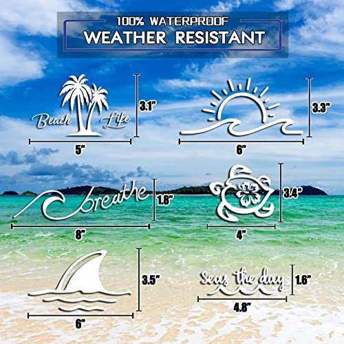 6Pcs Beach Car Accessories Vinyl Stickers Pack, Ocean Theme Decals Set Gifts For Vehicles Car Window Cruise Surfboard Water Bottles, Palm Trees, Sunset, Sea Wave, Shark, Turtles Automotive Decor Stuff #TOP5