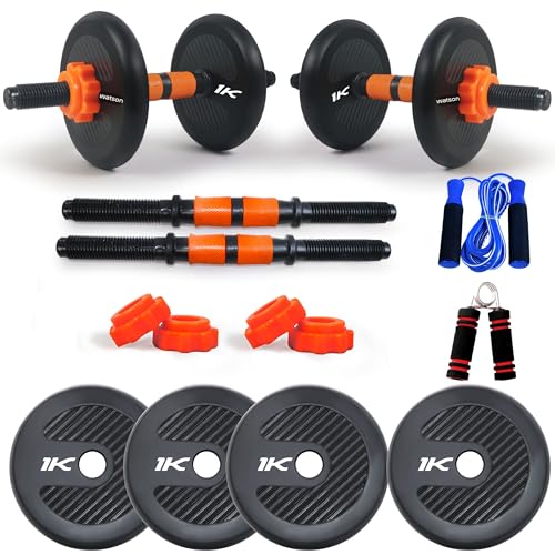 Image of WATSON Premium Rubber Dumbbell Set For Men, Women Fitness, Dumbbell Set With 4Kg (1Kgx4) Rubber Weight Plates, Hard PVC 14 inch Dumbbell Rods, Skipping Rope, Hand Grip
