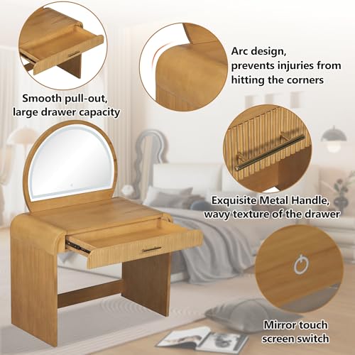 Image of JIVOIT 39 inch Vanity Table with Mirror, Makeup Vanity Table with Removable Mirror, Dressing Table with Drawer, Curved Edges and Elegant Design, Modern Dressing Table Desk for Bedroom
