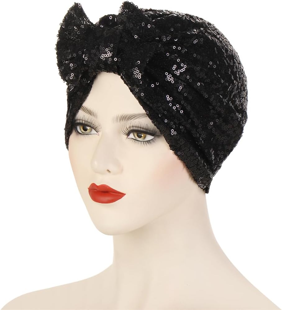Pre Tied Turban Hats for Women - Knotted Solid Sequin Caps Chemo Beanies Headwrap Headwear for Cancer Daily Use - Image 5