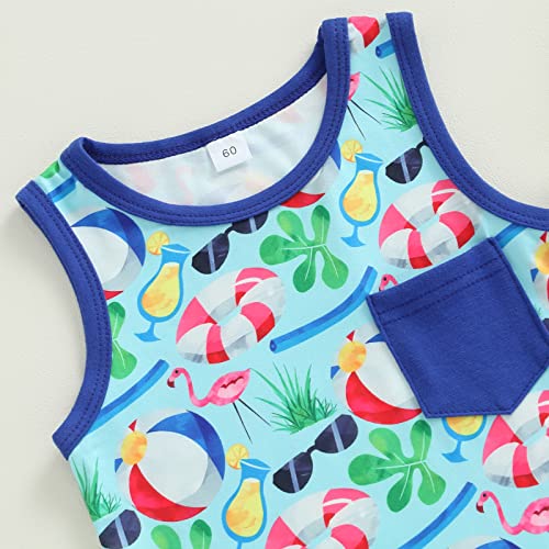 Wallarenear Newborn Baby Boys Girls Summer Sleeveless Romper Flamingo/Skateboard Print Pocket Jumpsuit One Piece Outfit 0-18M (Blue, 12-18 Months) #TOP2