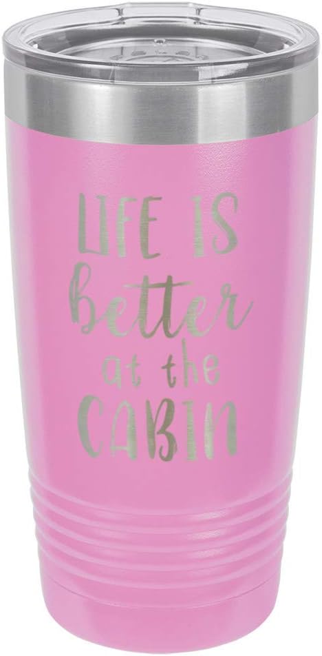 LIFE IS BETTER AT THE CABIN Light Purple 20 oz Drink Tumbler With Straw | Engraved Stainless Steel Travel Mug | Funny Quote Gift Idea | OnlyGifts.com