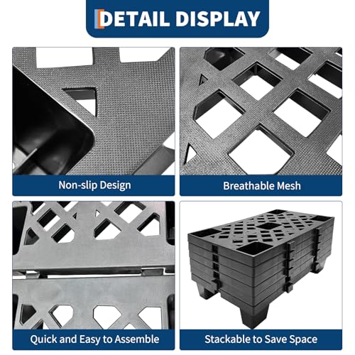 GarveeTech 6 Pack Plastic Pallets, 19.7" x 11.8" x 3.9" Lightweight Nestable & Stackable Pallets, Black Interlocking Floor Tiles for Storage, Ventilated Design for Garage, Warehouse, Basement by GarveeTech - Image 3