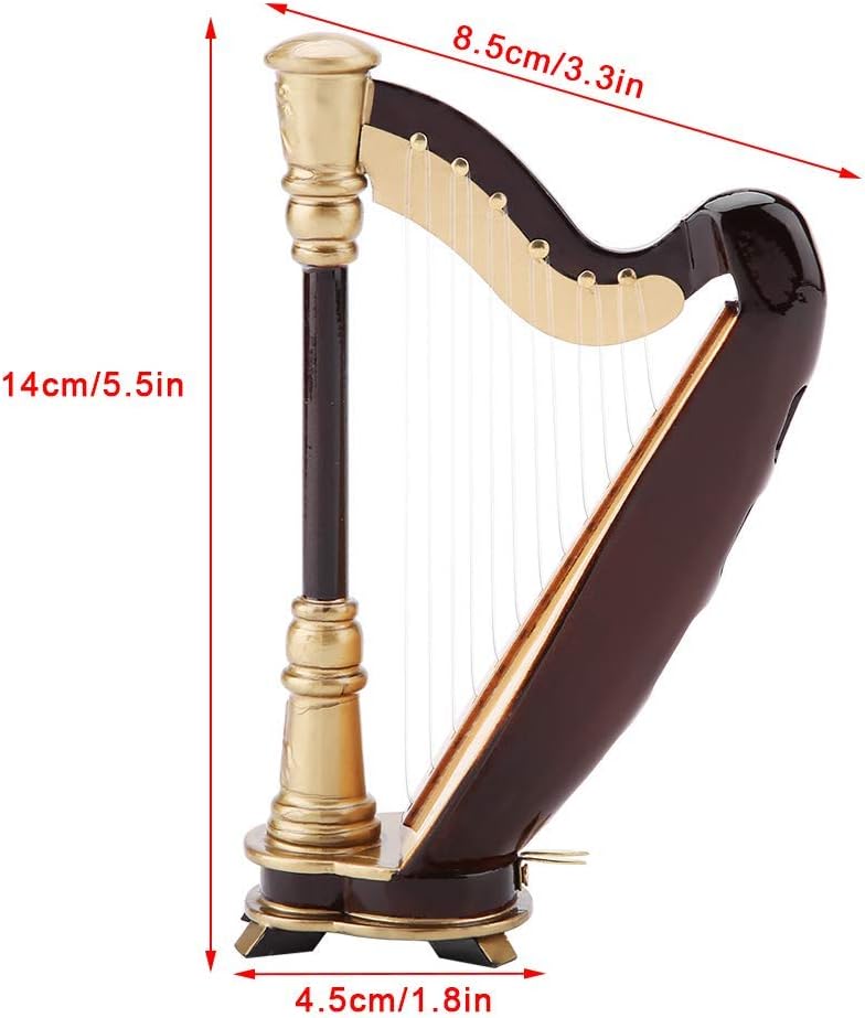 Joyzan Miniature Harp Model, Wooden Musical Instrument Dollhouse Mini Retro Display Harp Figurine Antique Replica Statue Table Collectible Ornament Party Decoration Storage Box Case Home Office Decor