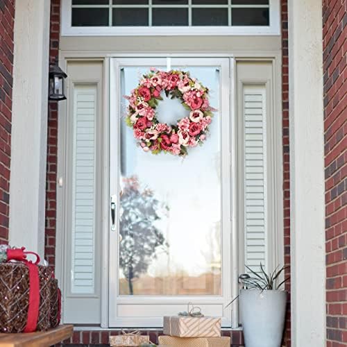 Wreath 26 Inches - Peony Flower Spring Wreaths for Front Door Outside - Summer Floral Bud Wreath -Handmade Door Wreaths,Pink&Purple&Green