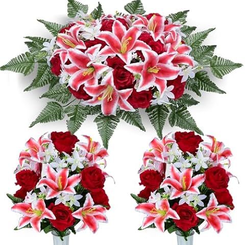 XONOR Artificial Cemetery Flower Saddles, Cemetery Memorial Flowers with Vase for Grave Tombstone Decorations, Lily Rose Headstone Flowers Saddle(1 Saddle 2 Bouquets) Cover