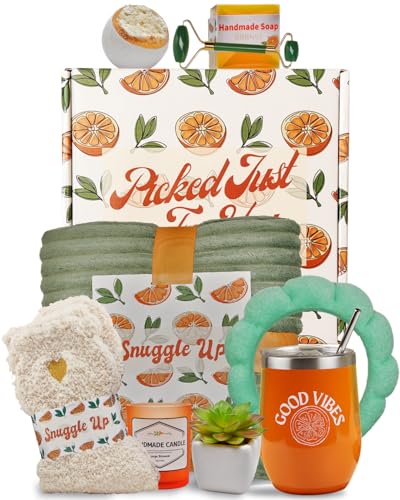Sunny&Wise Care Package For Women - Designed in USA - Self Care Gifts After Surgery, Get Well Soon, Orange Fruit Themed, Thinking of You, 12 Oz Good Vibes Tumbler