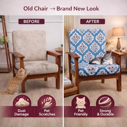 Image of STITCHNEST 'Contour Fit Series' Stretchable Printed Wooden Sofa Cover (Pack of 6) - Elastic Wooden Chair Cover | Wooden Sofa Seat Cover | Size - 20-21 x 20-21 x 3-5 in