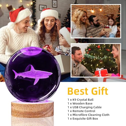 Image of 3D Shark Crystal Ball Night Light with Remote Upgraded 3.15 in Shark Glass Ball Table Lamps with 16 Color Led Wooden Base for Birthday Xmas Cool Shark Figurines Room Decor Gifts for Kids Teen