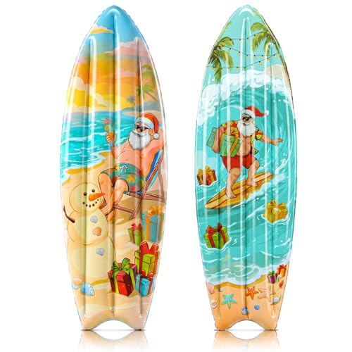 Leinuosen 2 Pcs Christmas in July Inflatable Surfboard Outdoor Decoration 36 Inch Summer Blow up Surf Board with Tropical Santa Snowman for Beach Decor Yard Pool Garden Lawn Hawaii Party