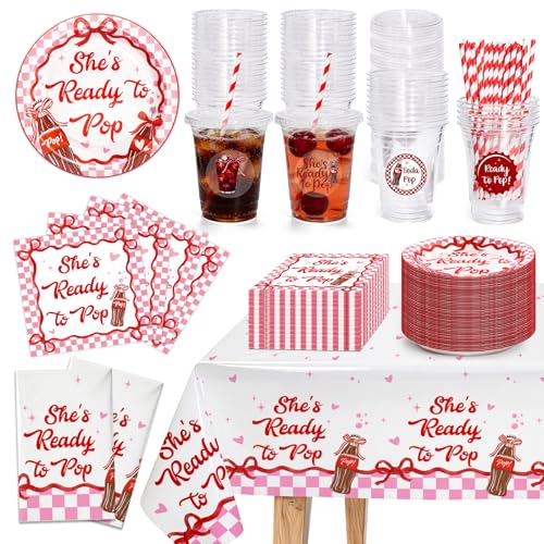 48 Sets Shes Ready to Pop Baby Shower Decorations Retro Soda Decor include 16 oz Disposable Cups with Lid Straws Plates Napkins Tablecloths for Gender Reveal Pregnancy Newborn Party Supplies