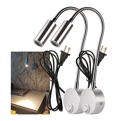 Image of 2-Pack Sleek Silver Bed Reading Light Wall Mount Lamp, 25 Focused Beam 3000K Warm White Adjust Neck Lamp, Polished Finish & Sand Silver Base, 4.92ft Plug-in, AC 85-265V