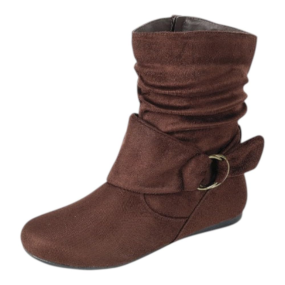 Forever Link Womens Fashion Mid Calf Flat Heel Side Zipper Slouch Boots Booties