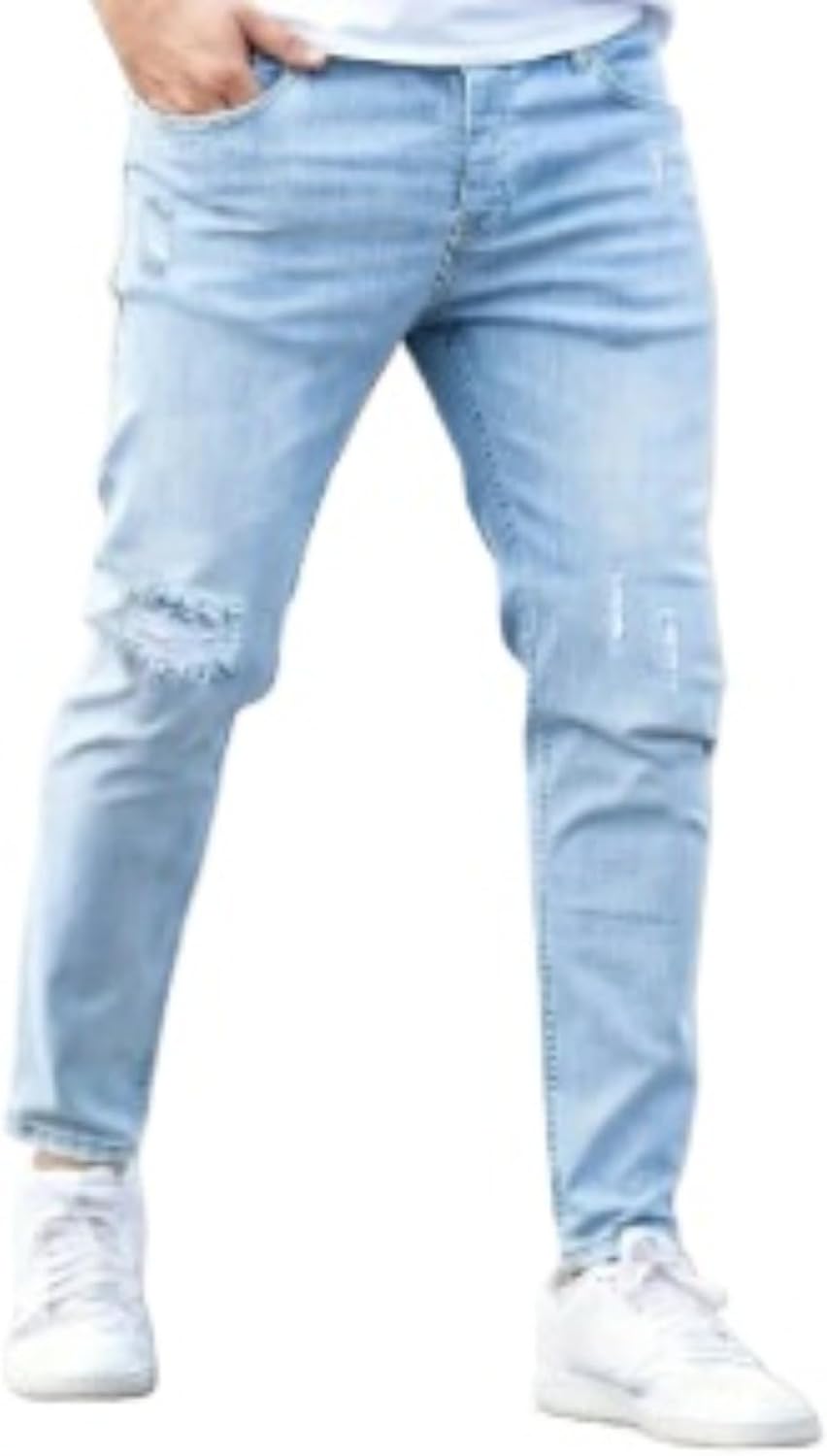 Men Distressed Slim High Waist Jeans Y2K Classic Cozy Button Pencil Pants Vintage Casual Comfy Denim Skinny Trouser
