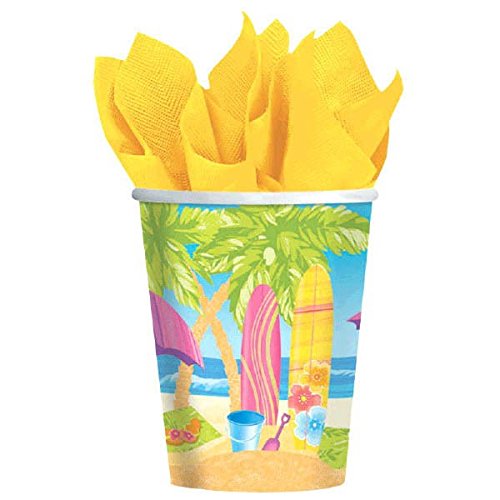 Surf's Up Paper Cups for Hot or Cold Drinks Hawaiian Summer Beach Party Disposable Picnic Drinkware, 9 oz., Pack of 8.