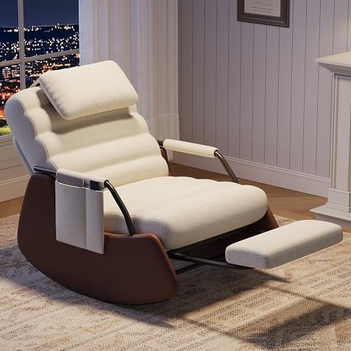 MIOOSUT Fauteuil à Bascule avec Repose-Pieds, Dossier Réglable 3 Positions, Chaise à Bascule Fauteuil Relax avec Appui-Tête, Accoudoirs en Bois, pour Salon...