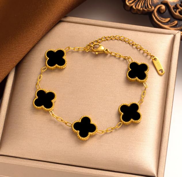 Image of STYOLLO Four-Leaf Clover Anti Tarnish Bracelet for Women & Girls Stylish | Elegant Gold-Plated Lucky Charm Jewelry | Aesthetic Enamel Design Adjustable Chain Bracelet for Daily, Gifting & Festive