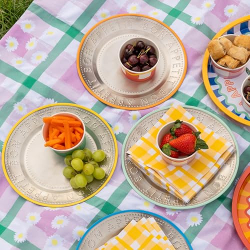 Talking Tables Handgefertigter Edelstahlteller mit grünem Emaille-Rand, langlebige Beilage, leicht, für den täglichen Gebrauch drinnen oder draußen, Essen, Picknick, Camping, Grillen, Sommergeschirr,
