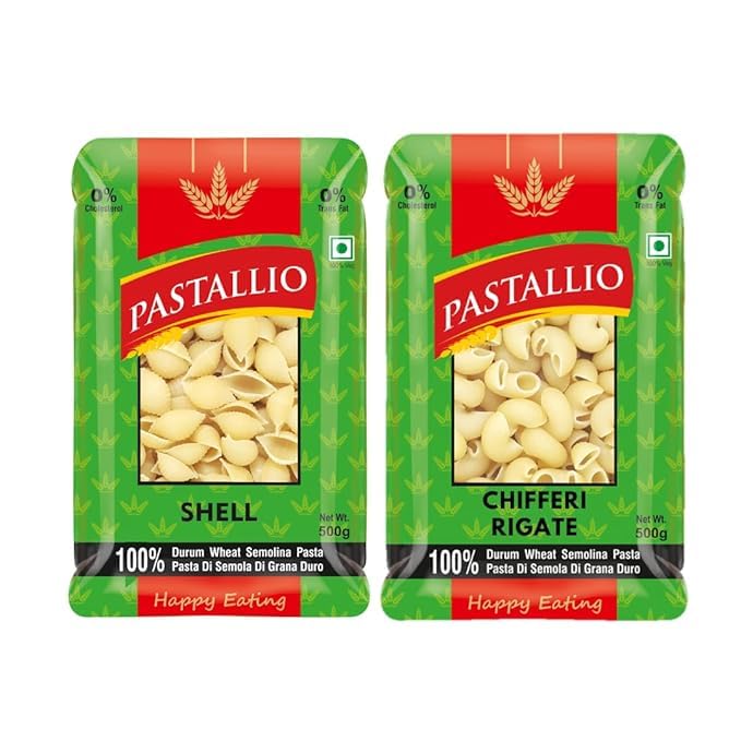 Image of Pastallio Shell & Chifferi Rigati Pasta | 500g x 2packs (1kg) | Made of 100% Durum Wheat Semolina (Suji)