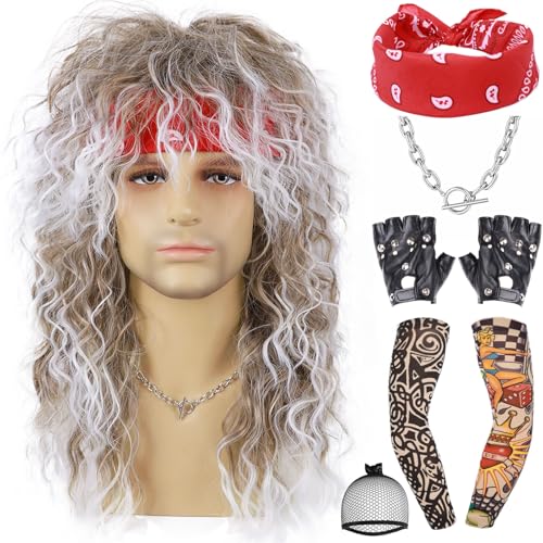 Tereshar 7pcs Set 80s Long Curly Wig Mens Mullet Rocker Costume Wig 70s 80s 90s Outfits Party Halloween Cosplay Funny Crazy Wigs (Brown Gradient White)