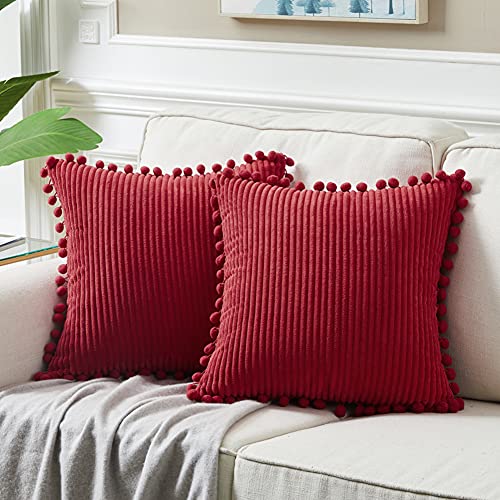 Fancy Homi - Pack of 2 Burgundy Decorative Throw Pillow Covers with Pom-poms - Soft Corduroy Square Cushion Covers - Home Decor for Living Room, Couch, Bed, Sofa - 50x50 cm
