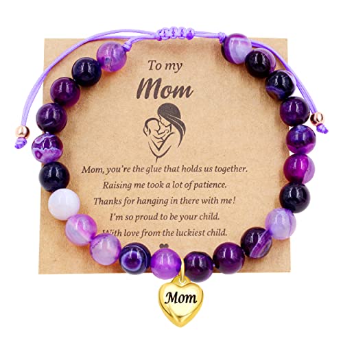 Image of Uloveido Natural Stone Mom Heart Charms Beaded Bracelets for Mum from Son or Daughter With Massage Card and Box | Mothers Day Jewelry Gifts