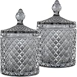 HANFCO® 2Pcs 10oz Glass Cotton Bud Holder Dispenser Cotton Pad Holder Grey Jars With Lid Bathroom Accessory Makeup Vanity Cotton Balls Wool Swab Pads Q Tip Candle Holder Apothecary Jars (GREY)