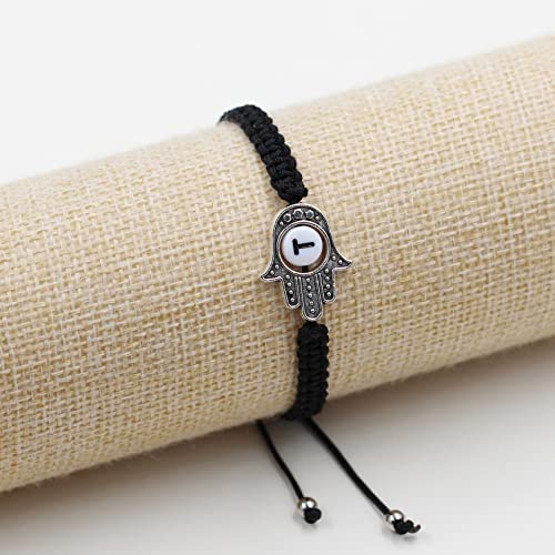 Image of Uloveido Customized A to Z 26 Letters Hand of Fatima Bracelet - Fatima Hamsa Hand Evil Eye Protection Bracelet Lucky Charm Adjustable Braided Black String