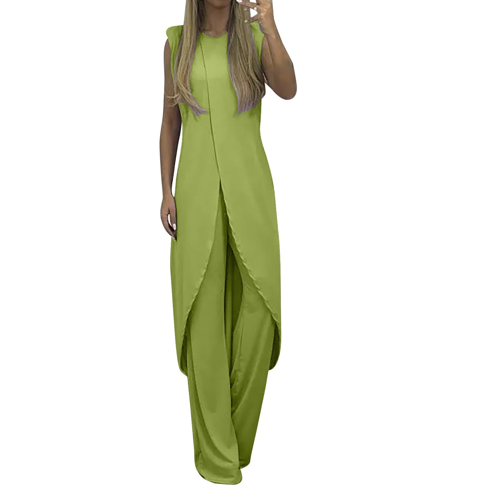 FGUUTYM Mono elegante para mujer, 2 piezas, sin mangas, traje de pantalón ajustado a la figura, cárdigan de manga larga + pantalones de pierna ancha, ropa de salón, boda, dama de honor, fiesta, traje de