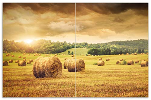 Herdabdeckplatte/Spritzschutz aus Glas, 2-teilig, 80x52cm, für Ceran- und Induktionsherde, Motiv Strohballen auf dem Feld bei Sonnenuntergang