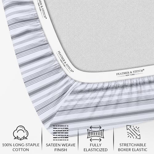 Image of Feather & Stitch Printed 500 TC Split King Size Sheet Set, 5 Piece Bed Sheets Set, 2 Twin Fitted Sheet, 1 King Flat Sheet & 2 King Pillowcases, 18 inch Deep Pockets Sateen Weave - Grey Stripe Print