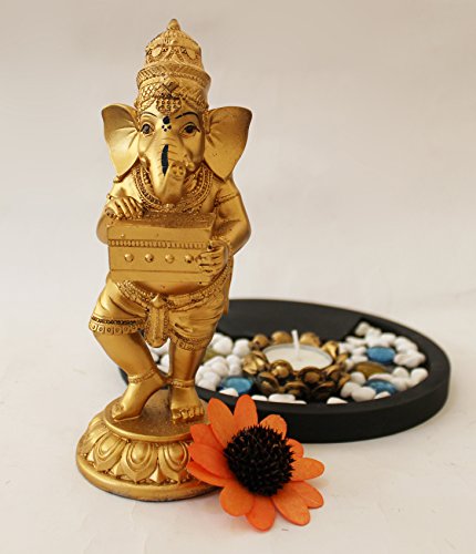 Tied Ribbons Indian God Ganesha Playing Harmonium Figurine Idol Murti With Wooden Tray, Pebbles, Artificial Flower, Tealight Candle Holder For Home Decoration And House Warming Gifts #TOP2