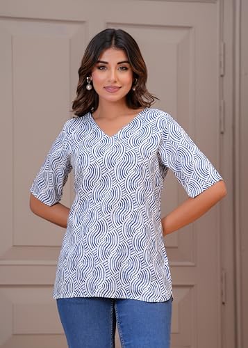 Image of MANHAREE Women's Cotton Floral Printed Short Kurti Top | V-Neck 3 /4 Sleeve Ethnic Tunic for Jeans | Casual Summer Wear Kurta for Women and Girls