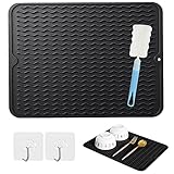 ZOCONE Escurreplatos Silicona Negro, Alfombrilla Escurreplatos de Silicona 40 x 50 cm Antideslizante Escurreplatos Alfombrilla Resistente al Calor Alfombrilla para Secar Platos con Cepillo y Ganchos