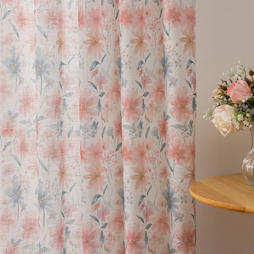 Image of SUOUO Vintage Watercolor Floral Semi Sheer Curtains 96 Inches 2 Panels
