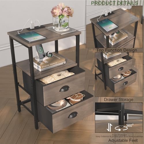 Image of sthmec Nightstand with Charging Station, LED Night Stand Set of 2, Bedside Table End Table with Drawer, Bedroom Tables with 2 Fabric Drawers, 3-Tier Storage Side Table for Bedroom,Grey