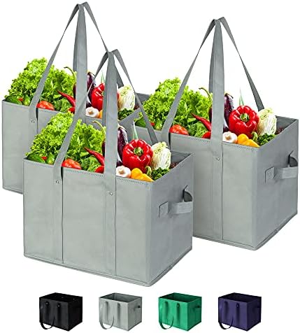 CHUENG Reusable Grocery Bags Heavy Duty Shopping Tote Bag, Gray, Large, 3 Pack