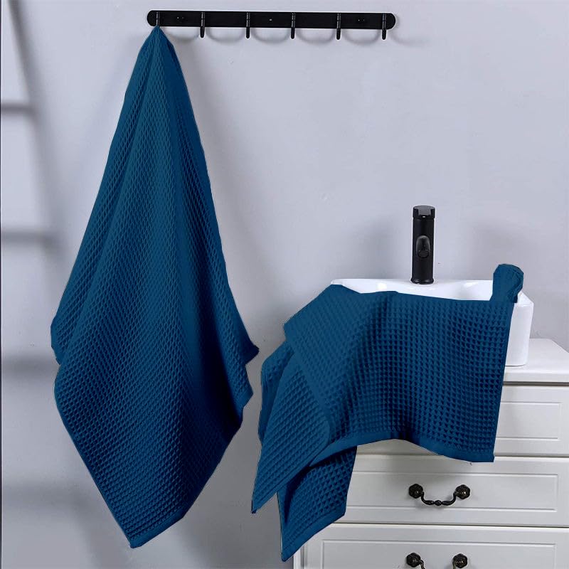 Image of Cotton Rich Waffle Towel | Lightweight | Anti Microbial and Water Absorbent | Soft Touch Quick Drying Hand Towels (Navy Blue, Pack of 4)
