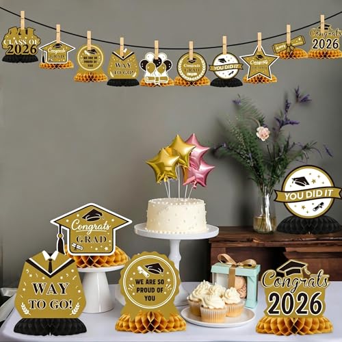 Image of Graduation Decorations 2026, 10PCS Graduation Centerpieces for Table, Black Gold Graduation Party Decorations Class of 2026 Congrats Grad Honeycomb Centerpieces Table Decor Graduation Party Supplies