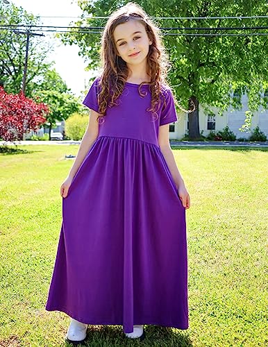 Image of Arshiner Girls Maxi Dress Long /Short Sleeve Casual Holiday Dress with Pockets for 5-13 Years