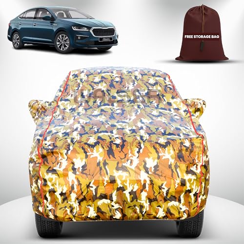 Image of Walser Waterproof Car Cover for Skoda Slavia | All-Weather Full Car Body Protection | with Mirror & Antenna Pocket | Dustproof, Windproof & Anti-Scratch Lining, Camouflage